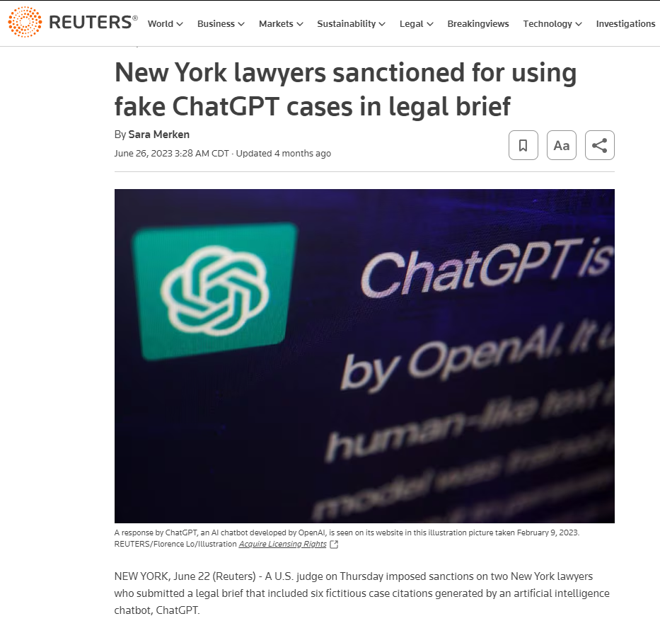 new york lawyers sanctioned for using fake chatgpt cases in legal brief